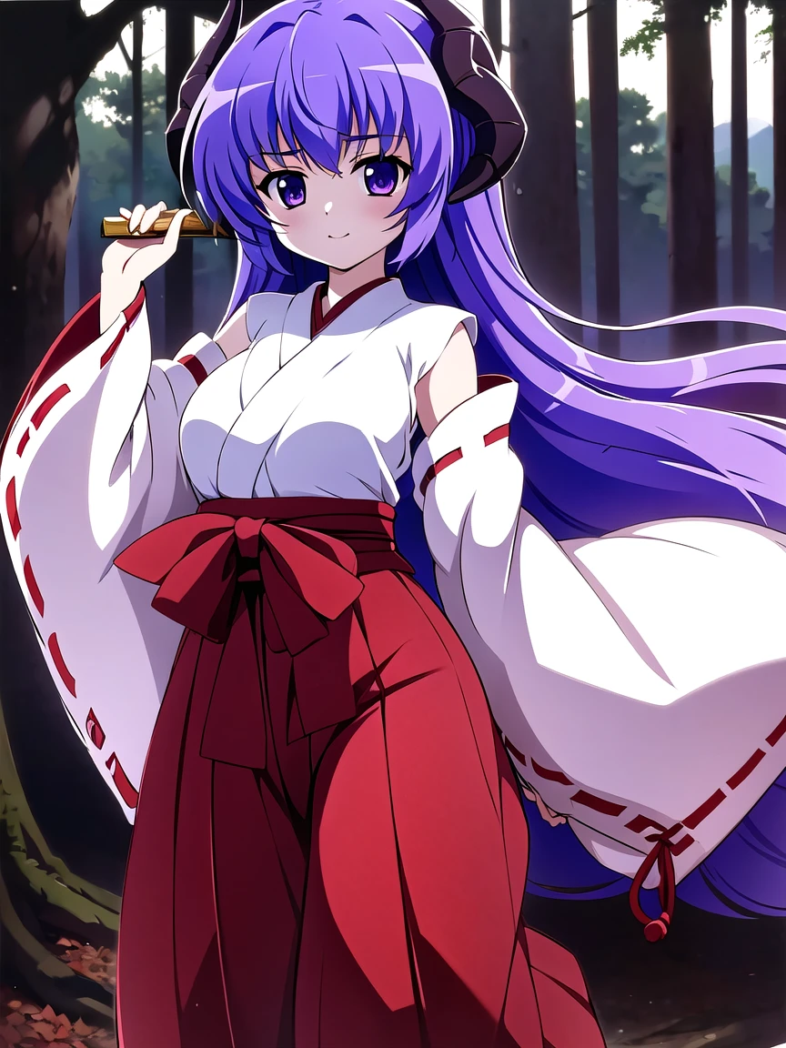 ((masterpiece, best quality)),high resolution,ultra detailed,8k,16k,detailed background, perfect lighting, 1girl,solo,look at viewer,hanyuu,purple hair,purple eyes,very long hair,horn,forest,red hakama,miko,medium breast