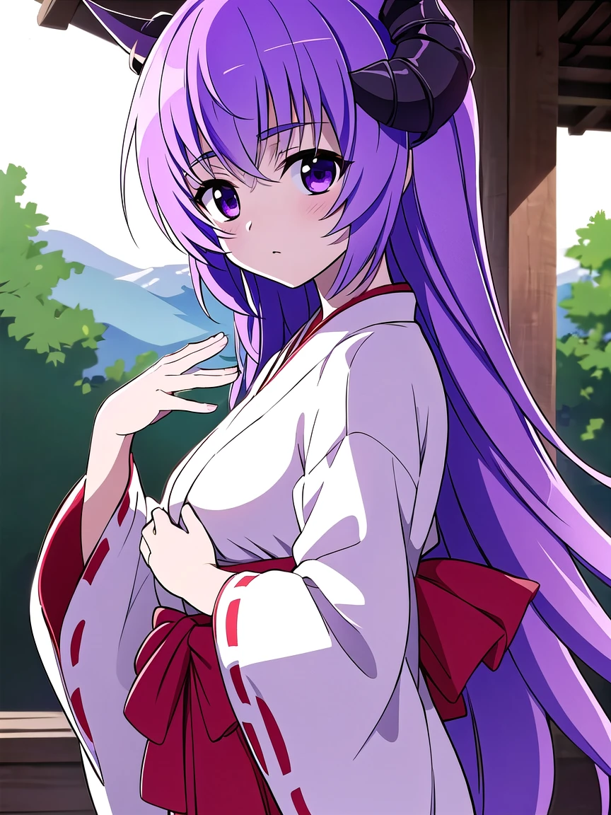 ((masterpiece, best quality)),high resolution,ultra detailed,8k,16k,detailed background, perfect lighting, 1girl,solo,look at viewer,hanyuu,purple hair,purple eyes,very long hair,horn,forest,red hakama,miko,medium breast