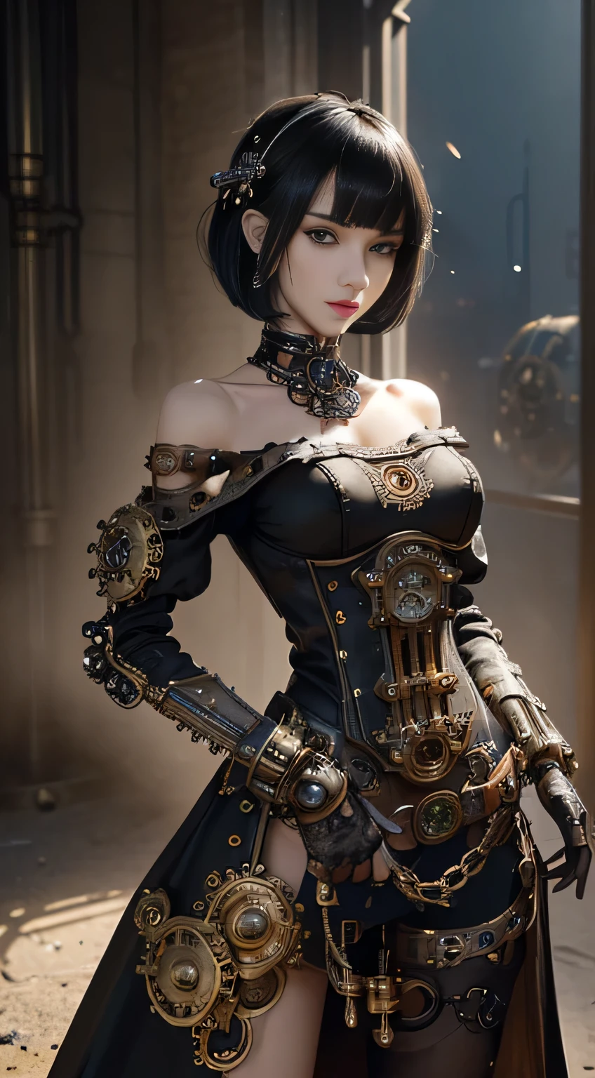 (((Masterpiece))), (((top quality))), (((super detailed))), Combat action poses, One female, (((Very Slender body))), 18 years old, (((short black bob, thick puffy bangs ))), cosmetics-free, small thin nose, small thin-lipped mouth, (((very sharp focused eyes))), large slit precision pale grey eyes, sparkling like jewels, Long eyelashes, ((Very intricate mechanical steampunk fashion, Off-shoulder gothic fashion, Excessively decorative fashion)), (((The night an abandoned, intricately mechanized steampunk factory burns and explodes))), (((overall accuracy has improved dramatically, creating a super detailed and realistic image))).