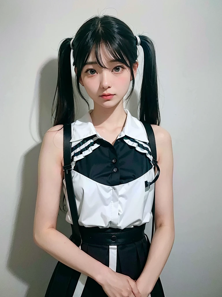 40-year-old Japanese woman、Black Hair、The hair is very short、Twin tails、Hatsune Miku's outfit、headphones、flat chest、Realistic photos、Realistic、8K quality、tall、No bangs、ID photo