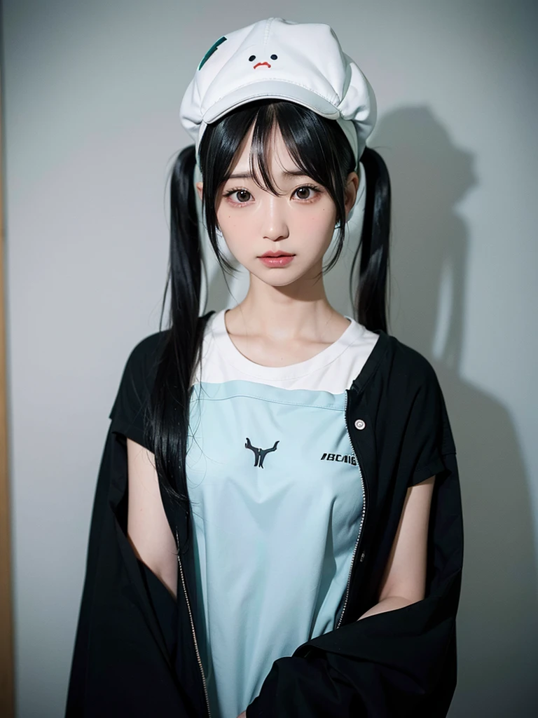 40-year-old Japanese woman、Black Hair、The hair is very short、Twin tails、Hatsune Miku's outfit、headphones、flat chest、Realistic photos、Realistic、8K quality、tall、No bangs、ID photo