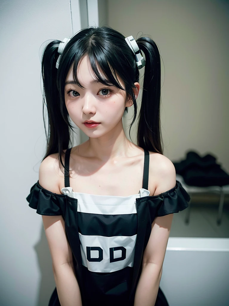 40-year-old Japanese woman、Black Hair、The hair is very short、Twin tails、Hatsune Miku's outfit、headphones、flat chest、Realistic photos、Realistic、8K quality、tall、No bangs、ID photo