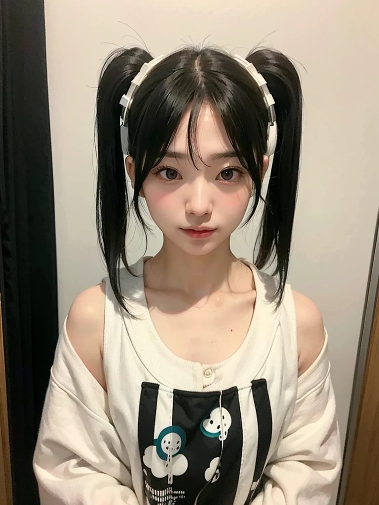 40-year-old Japanese woman、Black Hair、The hair is very short、Twin tails、Hatsune Miku's outfit、headphones、flat chest、Realistic photos、Realistic、8K quality、tall、No bangs、ID photo