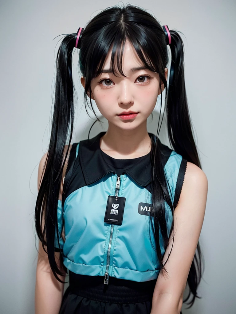 40-year-old Japanese woman、Black Hair、The hair is very short、Twin tails、Hatsune Miku's outfit、headphones、flat chest、Realistic photos、Realistic、8K quality、tall、No bangs、ID photo