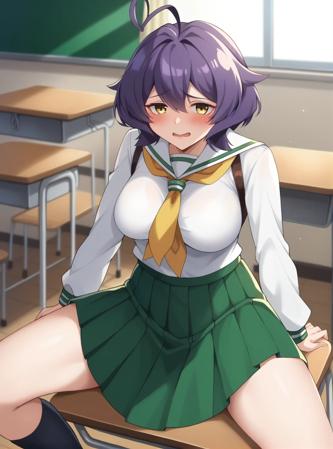 score_4, score_5, score_6, score_9, score_8_superior, score_7_superior, Utenax, short hair, Purple Hair, Ahoge, Yellow Eyes, green seraphuku, White shirt, Long sleeve, Pleated skirt, Green Skirt, Long skirt,  Yellow neckerchief,  , classroom, Sitting, blush, Nervous, View your viewers, 