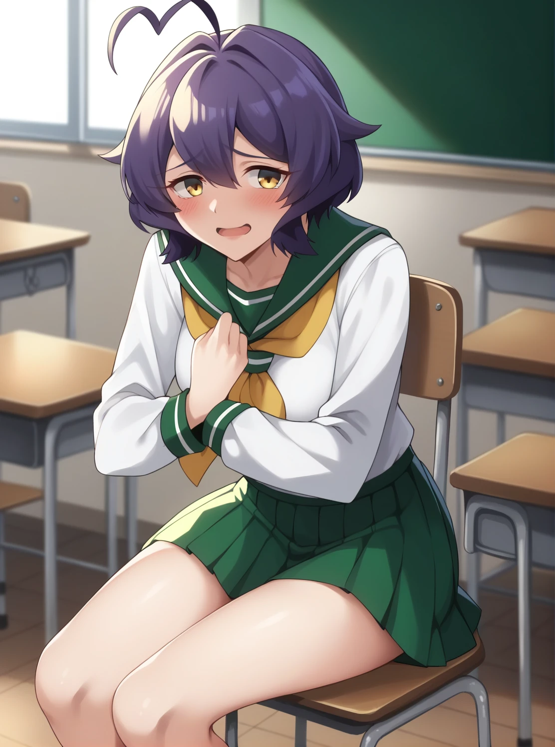 score_4, score_5, score_6, score_9, score_8_superior, score_7_superior, Utenax, short hair, Purple Hair, Ahoge, Yellow Eyes, green seraphuku, White shirt, Long sleeve, Pleated skirt, Green Skirt, Long skirt,  Yellow neckerchief,  , classroom, Sitting, blush, Nervous, View your viewers, 