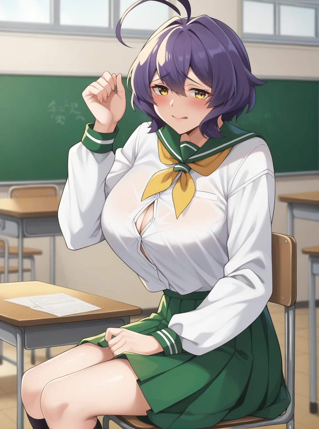 score_4, score_5, score_6, score_9, score_8_superior, score_7_superior, Utenax, short hair, Purple Hair, Ahoge, Yellow Eyes, green seraphuku, White shirt, Long sleeve, Pleated skirt, Green Skirt, Long skirt,  Yellow neckerchief,  , classroom, Sitting, blush, Nervous, View your viewers, 