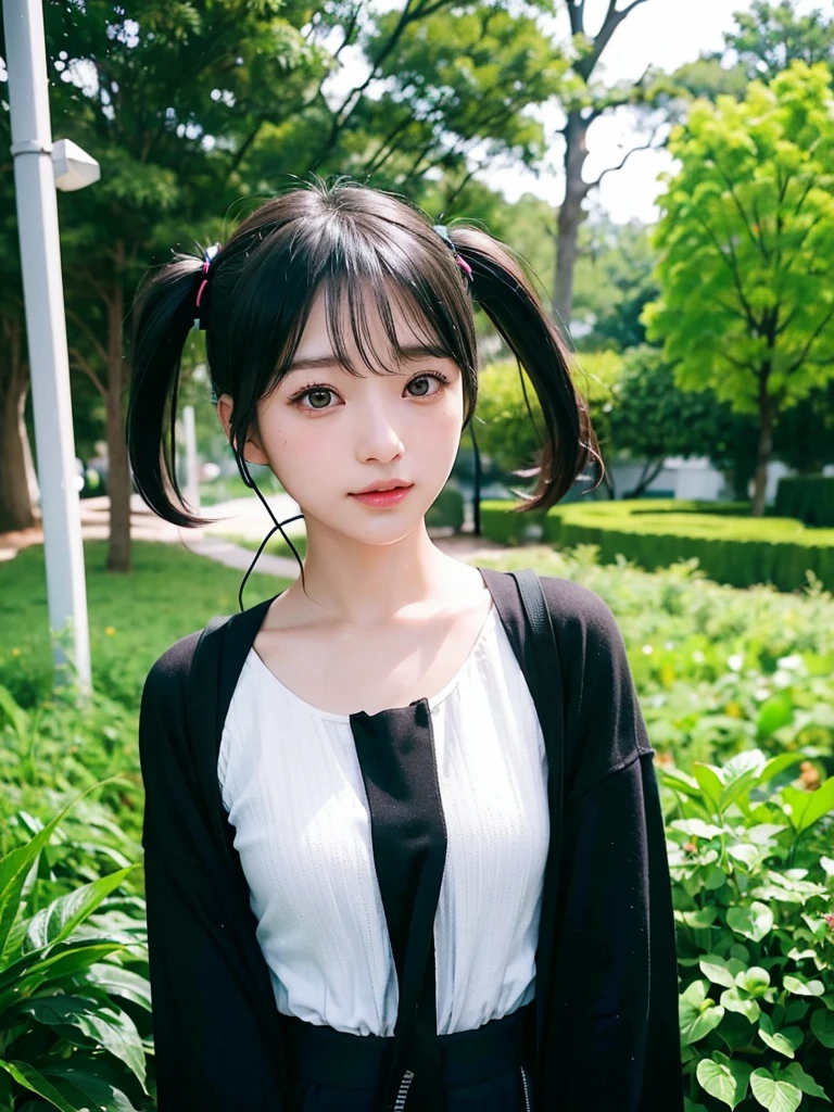 40-year-old Japanese woman、Black Hair、The hair is very short、Twin tails、Hatsune Miku's outfit、headphones、flat chest、Realistic photos、Realistic、8K quality、tall、No bangs、garden