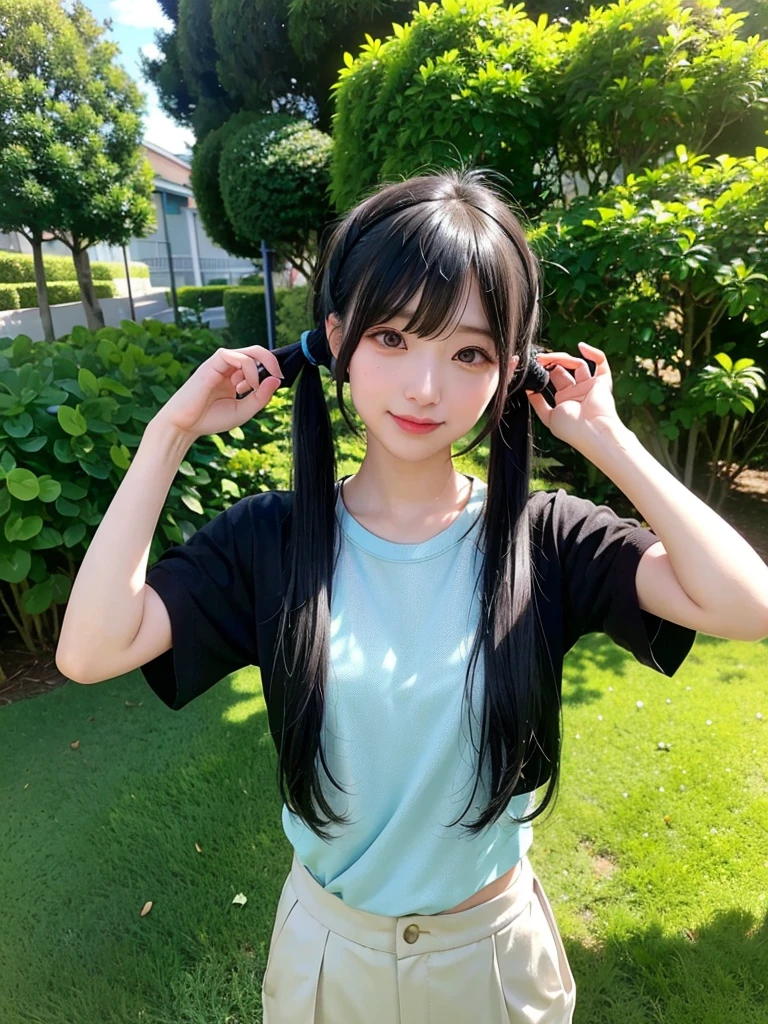 40-year-old Japanese woman、Black Hair、The hair is very short、Twin tails、Hatsune Miku's outfit、headphones、flat chest、Realistic photos、Realistic、8K quality、tall、No bangs、garden