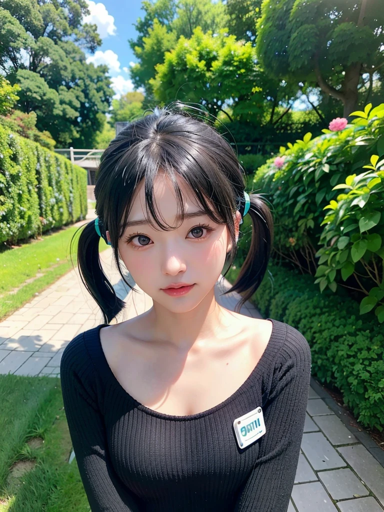 40-year-old Japanese woman、Black Hair、The hair is very short、Twin tails、Hatsune Miku's outfit、headphones、flat chest、Realistic photos、Realistic、8K quality、tall、No bangs、garden