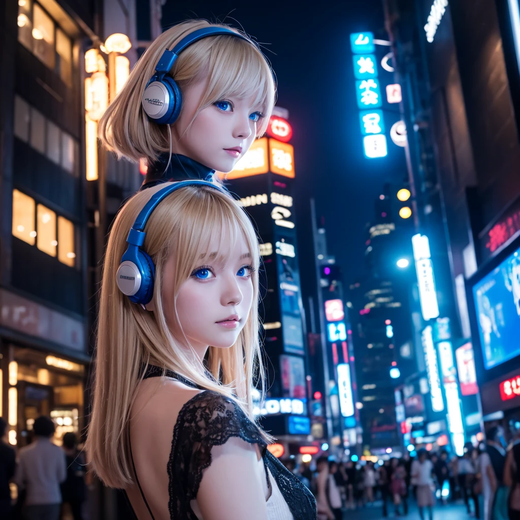title: "The magical blue light of Shinjuku"

explanation:
This work、This is an image of a blonde girl with short hair in a dark room.。Her eyes shine blue、Dressed like a rapper。There are headphones on my head、She seems to be lost in her own world。

This work4Kの高画質で描かれており、The room is lit with blue light、It creates a fantastic atmosphere。The room is a small space like a 1K.、You can see Shinjuku&#39;s downtown area from the window.。The city is bright at night、The lights of the buildings and the shining signs are a beautiful sight.。

This work、It represents a moment away from the hustle and bustle of the city to focus on yourself and your music.、It depicts a girl with blue eyes and blonde hair having a nice time while looking at the night view of Shinjuku.。