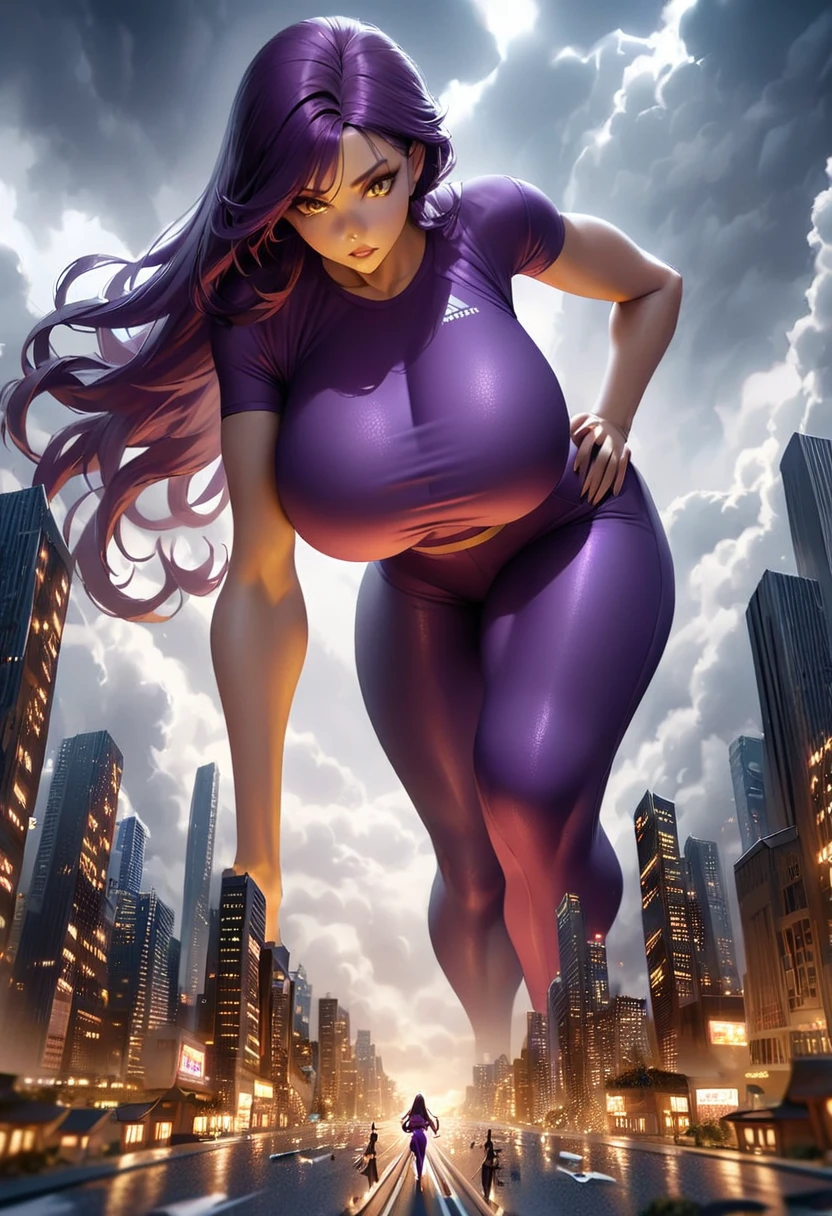 Giantess, purple tight yoga pants, purple tight crop top, high heels, toned and athletic, massive strength, really big breasts, gold eyes, deep purple long hair, gold jewellery, superior expression, strolling through a tiny city, smoke and clouds roil around her, epic scale and drama, dark gloomy lighting, realistic, tense and ominous atmosphere, majestic, powerful, goddess, perspective from below, hand on hip, looking downwards, bending downards to look at POV. Fullbody. 