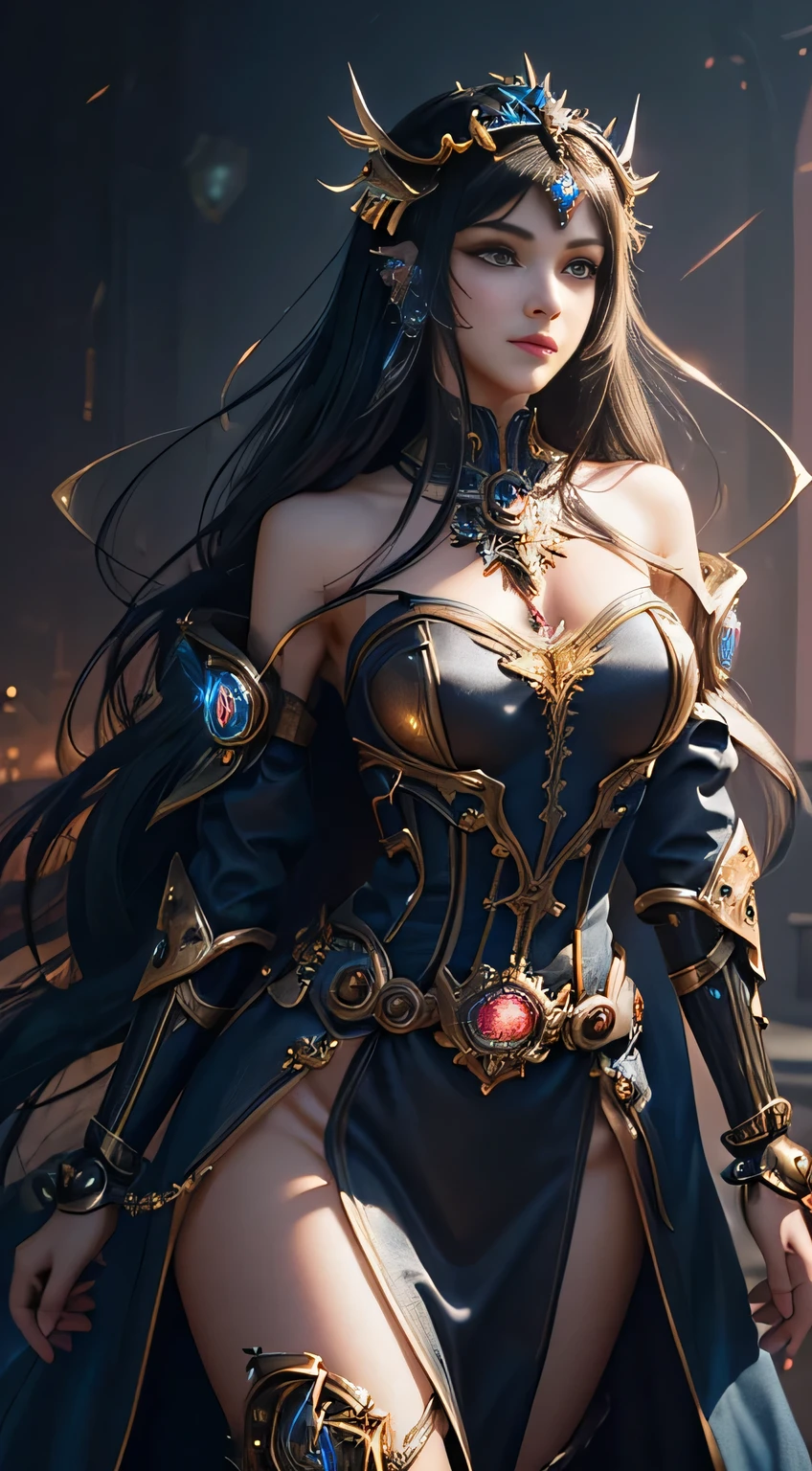 (((Masterpiece, top quality, super detailed))), (((One endless mage girl, 14 years old, radiating magic))), (((complex mechanical headgear, complex mechanical steampunk fashion and overdecorated gothic fashion and neon glitter cyberpunk fashion fusion of))), bust-up photos, ((((very detailed face))), (((very sharp focused eyes))), very large slit dark gray eyes that shine like jewels. Very long eyelashes, long dark hair in vertical curls, thick bangs, perfect princess cut, very gorgeous tiara, (((perfectly accurate human anatomy))), long neck, narrow shoulders, long slender arms, small breasts, very narrow waist, very small buttocks, long slender legs, (((overall accuracy has been dramatically improved, creating super detailed, realistic and realistic images)))), (((magic, magic spell light, magic weapon))), dynamic poses, cinematic lighting,