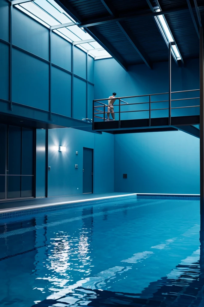 a diver on a high dive platform, sleek metal structure, calm blue waters of an indoor pool, photorealistic, 8k, highly detailed, cinematic lighting, dramatic atmosphere, realistic water and reflections, studio lighting, dramatic shadows, moody color palette, cool tones