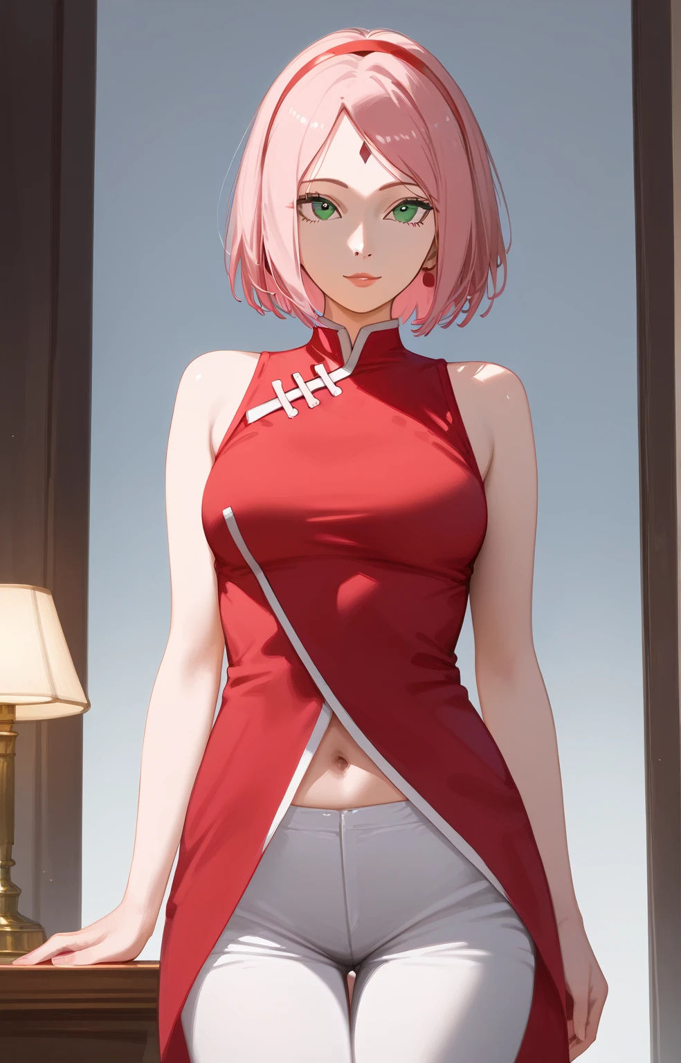 (score_9, score_8_up, score_7_up, score_6_up, score_5_up, score_4_up), masterpiece, best quality, high_resolution, 8k, UHD, 1girl, detailed, extremely detailed, best anatomy, (medium breasts), short hair, pink hair, purple forehead mark, , green eyes, red clothes, sleeveless, navel, white pants, sakura haruno, hairband, mature female, mommy, seductive look, lustful eyes, 