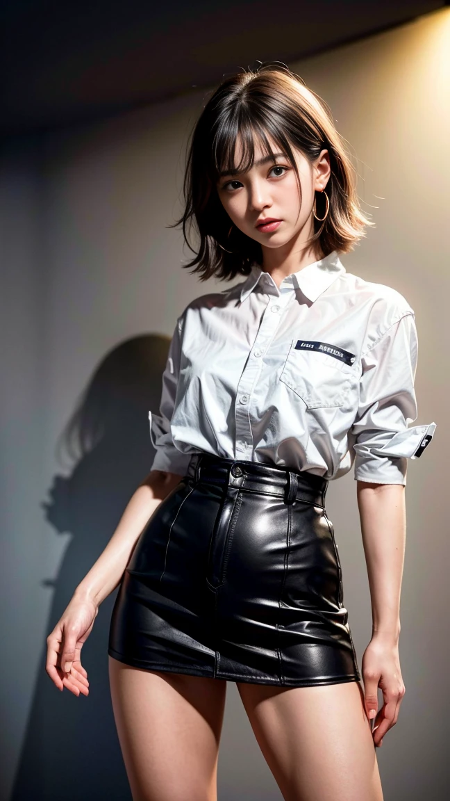 (Highest quality, 8k, 32K ..., masterpiece, Ultra-high resolution:1.2), Cute Japanese Girl Pictures, Large Breasts, Very short hair:2.0,Black Hair、 Extremely realistic skin texture, subtle facial sounds, Highly detailed lips, Cowboy Shot, Face Focus, mini skirt, Earrings, Dark bedroom, Uniform lighting, Looking at the audience, Soft and smooth body, Small Ass, Thighs, Opposition, Essa Pose、Half-open mouth、Embarrassed look、blush:2.0、Touching your own body、Plump:0.75