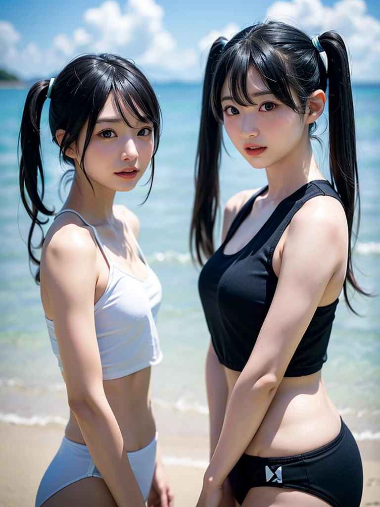 40-year-old Japanese woman、Black Hair、The hair is very short、Twin tails、Hatsune Miku's outfit、headphones、flat chest、Realistic photos、Realistic、8K quality、tall、No bangs、Beach、Swimwear