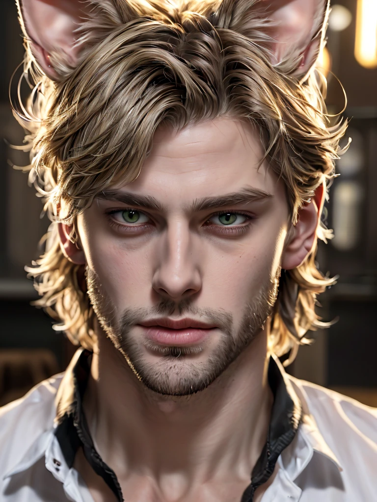 1 boy, portrait, earrings, One,lips, male focus, green eyes, I look at the viewer,Black shaggy hair, short hair, closed mouth, tall and skinny, but a muscled guy in a cage in chains. Torn white clothes. Boy 16 years old. Beautiful. Yellow eyes with cat pupils. fluffy cat ears. Fantasy world.animal ears, fluffy cat ears, yellow eyes, short hair, Hair in front of ears, accuracy, a high resolution, masterpiece, realistic anatomy, Best quality, high quality, very detailed,