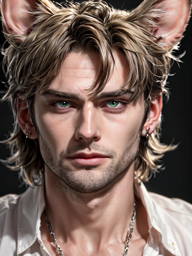 1 boy, portrait, earrings, One,lips, male focus, green eyes, I look at the viewer,Black shaggy hair, short hair, closed mouth, tall and skinny, but a muscled guy in a cage in chains. Torn white clothes. Boy 16 years old. Beautiful. Yellow eyes with cat pupils. fluffy cat ears. Fantasy world.animal ears, fluffy cat ears, yellow eyes, short hair, Hair in front of ears, accuracy, a high resolution, masterpiece, realistic anatomy, Best quality, high quality, very detailed,