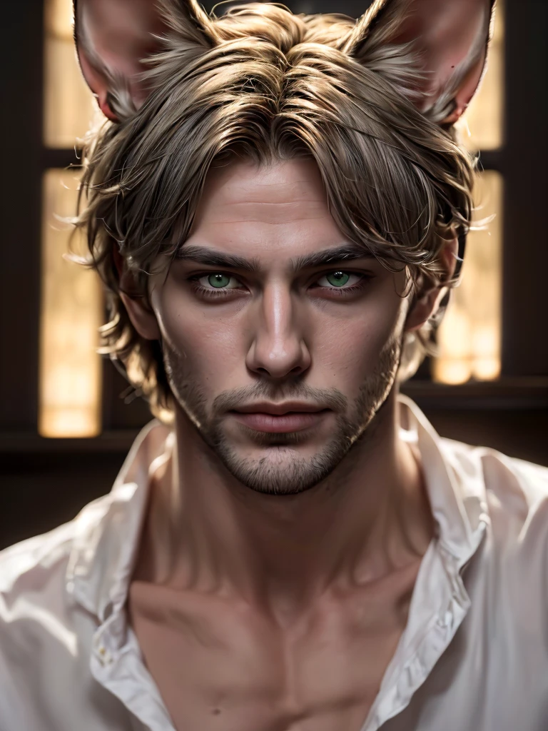 1 boy, portrait, earrings, One,lips,  male focus, green eyes, I look at the viewer,Black shaggy hair, short hair, closed mouth, tall and skinny, but a muscled guy in a cage in chains. Torn white clothes. Boy 16 years old. Beautiful. Yellow eyes with cat pupils. fluffy cat ears. Fantasy world.animal ears, fluffy cat ears, yellow eyes, short hair, Hair in front of ears, accuracy, a high resolution, masterpiece, realistic anatomy, Best quality, high quality, very detailed, 