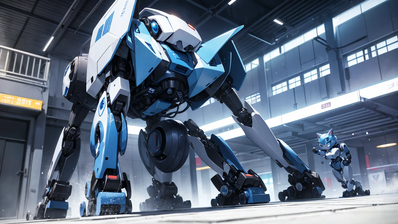 A blue cat robot is walking.、The robot has a round head and a round body.2It is the head and body、The robot's name is Doraemon.