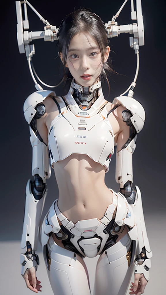 {{best quality, 1080P, Masterpiece, Ultra high resolution, photorealistic, ultra realism, Realistic skin texture, Extreme skin detail, dslr, Detailed eyes, blue eyes, Facing the camera, A very beautiful young face, Concise facial structure, Pale skin, Realistic skin texture, Extreme skin detail, oc render reflection textures, Realistic light and shadow, Single picture, alone, beautiful chinese girl face, The body is slim and balanced., Age 20, Height 170, naked girl, NUDE, sexy pose, no underwear, A girl with the body of a mechanical robot., Transparent futuristic black glass mech armor suit, The mechanical cervix is attached to the neck., flat stomach, Girl with perfect robot arms and legs, full body view, Whole body photo.}}