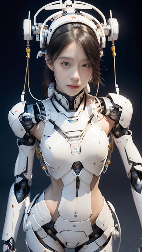 {{best quality, 1080P, Masterpiece, Ultra high resolution, photorealistic, ultra realism, Realistic skin texture, Extreme skin detail, dslr, Detailed eyes, blue eyes, Facing the camera, A very beautiful young face, Concise facial structure, Pale skin, Realistic skin texture, Extreme skin detail, oc render reflection textures, Realistic light and shadow, Single picture, alone, beautiful chinese girl face, The body is slim and balanced., Age 20, Height 170, naked girl, NUDE, sexy pose, no underwear, A girl with the body of a mechanical robot., Transparent futuristic black glass mech armor suit, The mechanical cervix is attached to the neck., flat stomach, Girl with perfect robot arms and legs, full body view, Whole body photo.}}