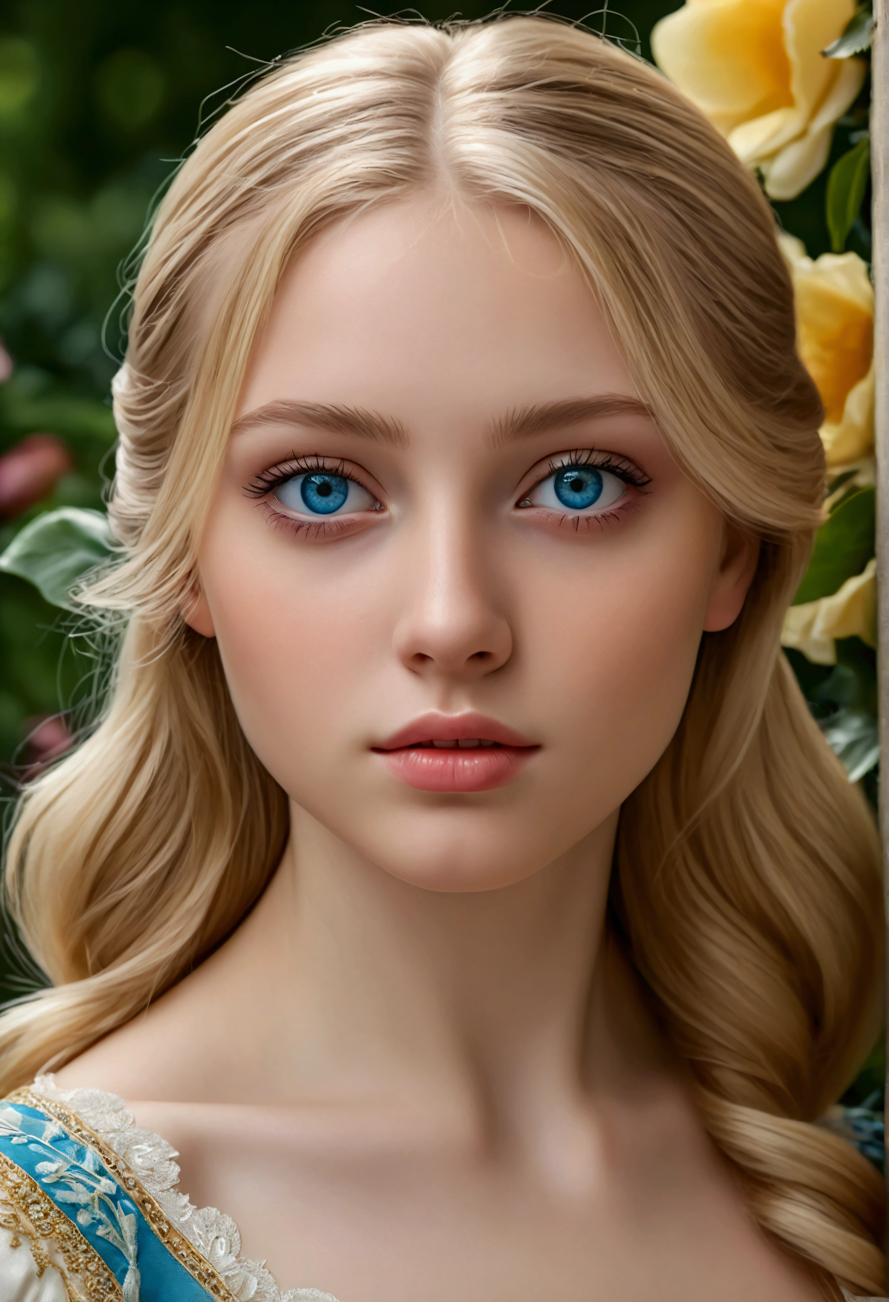 A young girl with blue eyes and blonde hair, beautiful detailed eyes, beautiful detailed lips, extremely detailed eyes and face, long eyelashes, elegant, serene expression, delicate features, flowing blonde hair, detailed fabric textures, beautiful detailed dress, outdoor garden setting, lush greenery, colorful flowers, natural lighting, warm tones, (best quality,4k,8k,highres,masterpiece:1.2),ultra-detailed,(realistic,photorealistic,photo-realistic:1.37),portrait,highly detailed, vibrant colors, soft focus, natural lighting