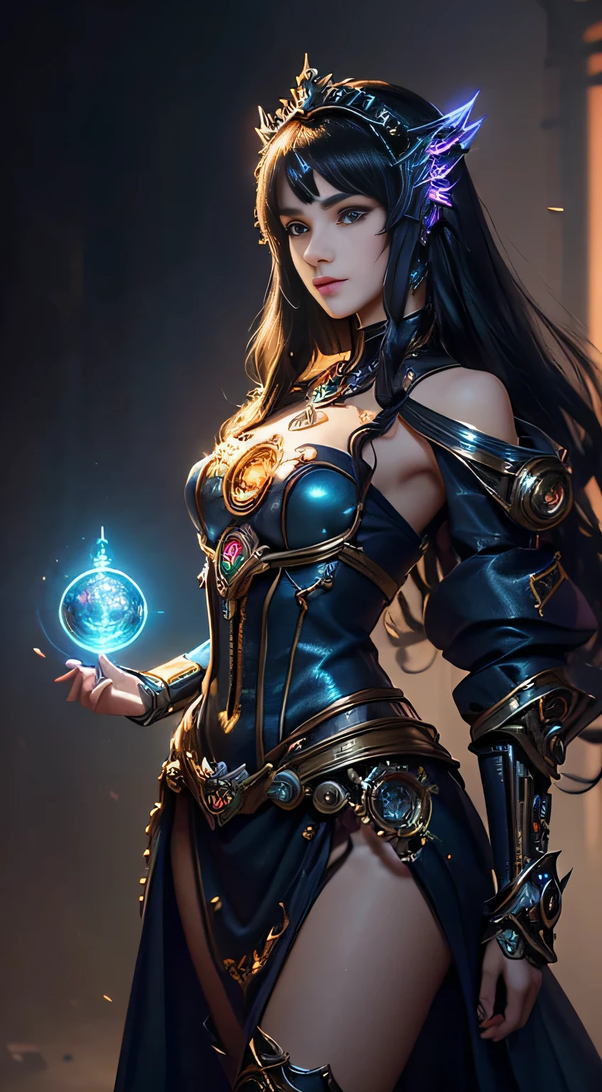 (((Masterpiece, top quality, super detailed))), (((One endless mage girl, , radiating magic))), (((complex mechanical headgear, complex mechanical steampunk fashion and overdecorated gothic fashion and neon glitter cyberpunk fashion fusion of))), bust-up photos, ((((very detailed face))), (((very sharp focused eyes))), very large slit dark gray eyes that shine like jewels. Very long eyelashes, long dark hair in vertical curls, thick bangs, perfect princess cut, very gorgeous tiara, (((perfectly accurate human anatomy))), long neck, narrow shoulders, long slender arms, small breasts, very narrow waist, very small buttocks, long slender legs, (((overall accuracy has been dramatically improved, creating super detailed, realistic and realistic images)))), (((magic, magic spell light, magic weapon))), dynamic poses, cinematic lighting,