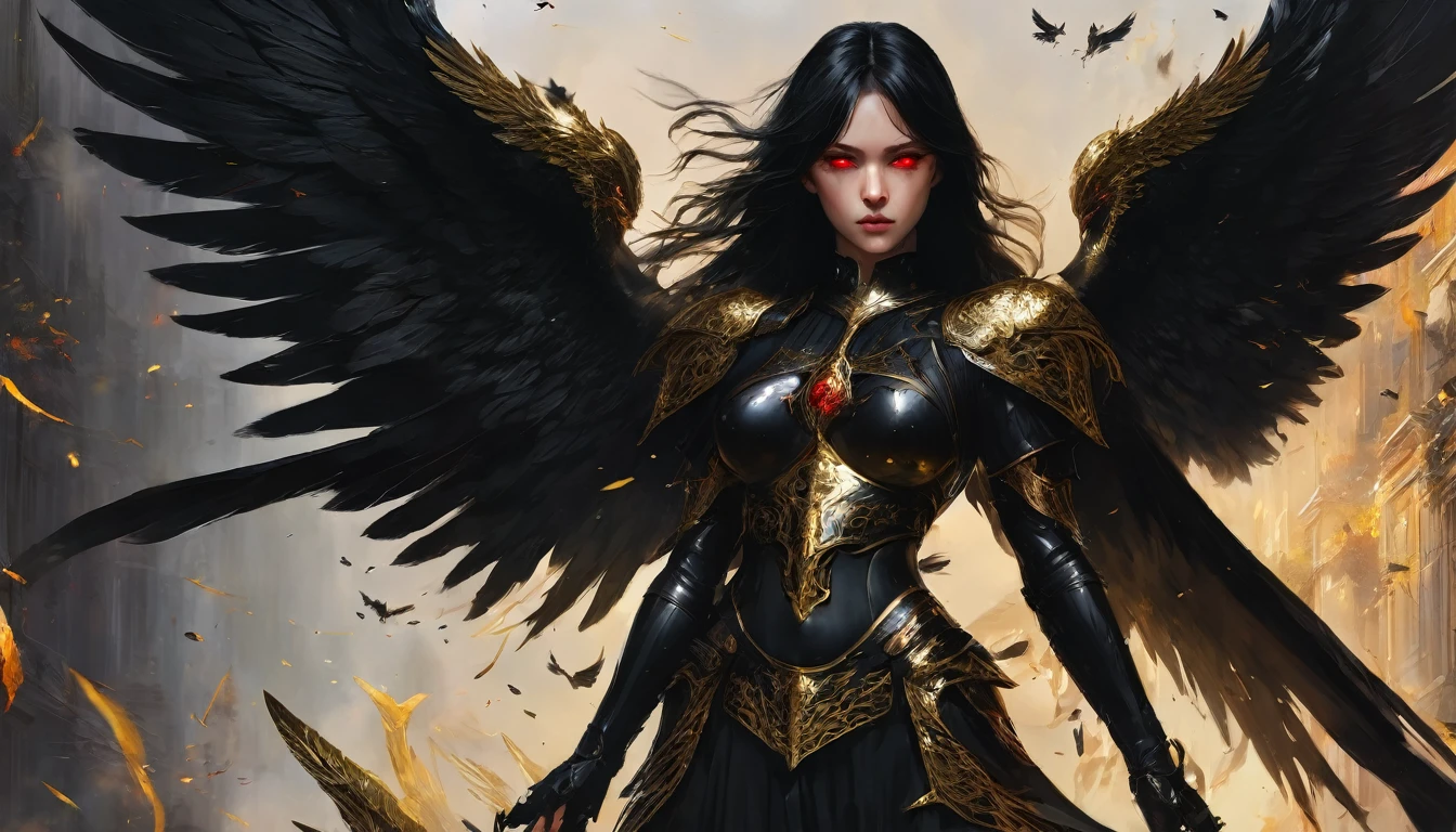 Woman, caucasiana, red eyes, expressive face, overhanging, loose black hair, bust image, black armor with gold detail, flying over, fallen angel with black wings, purgatory background.