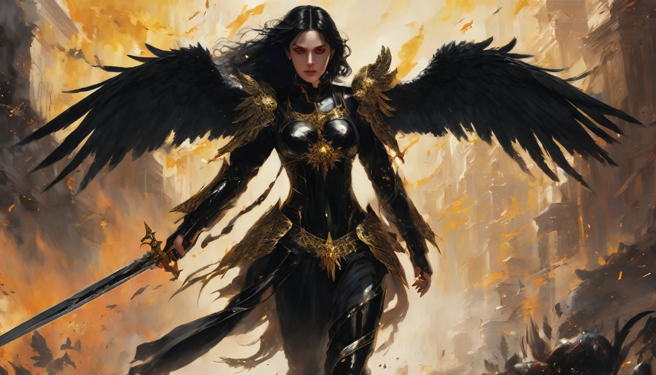 Woman, caucasiana, red eyes, expressive face, overhanging, loose black hair, bust image, black armor with gold detail, flying over, fallen angel with black wings, purgatory background.