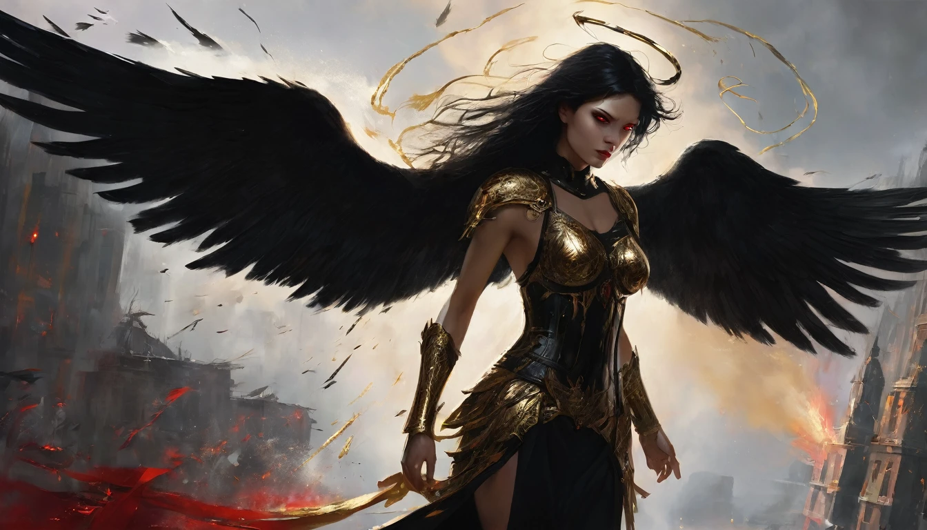 Woman, caucasiana, red eyes, expressive face, overhanging, loose black hair, bust image, black armor with gold detail, flying over, fallen angel with black wings, purgatory background.