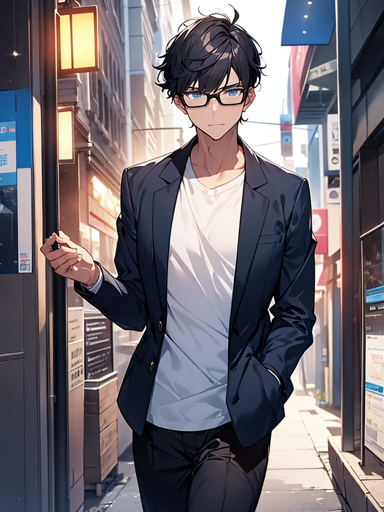 A geeky young man with black hair, a white shirt, a blue jacket, walking through a busy street at night, wearing glasses