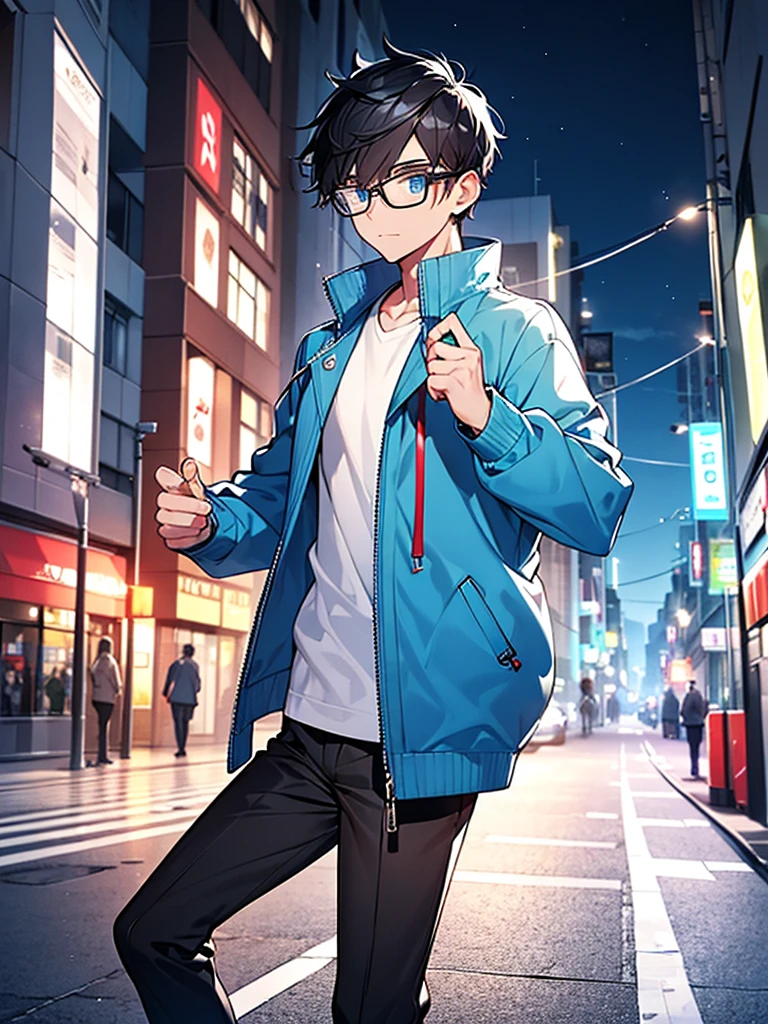 A geeky young man with black hair, a white shirt, a blue jacket, walking through a busy street at night, wearing glasses