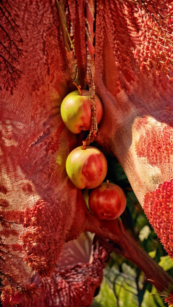 an red apple hanging in the red tree ultra realistic 8k