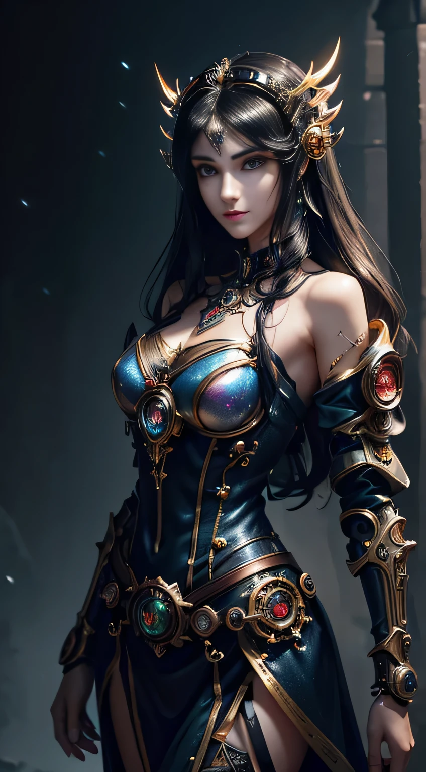 (((Masterpiece, top quality, super detailed))), (((One endless mage girl, , radiating magic))), (((complex mechanical headgear, complex mechanical steampunk fashion and overdecorated gothic fashion and neon glitter cyberpunk fashion fusion of))), bust-up photos, ((((very detailed face))), (((very sharp focused eyes))), very large slit dark gray eyes that shine like jewels. Very long eyelashes, long dark hair in vertical curls, thick bangs, perfect princess cut, very gorgeous tiara, (((perfectly accurate human anatomy))), long neck, narrow shoulders, long slender arms, small breasts, very narrow waist, very small buttocks, long slender legs, (((overall accuracy has been dramatically improved, creating super detailed, realistic and realistic images)))), (((magic, magic spell light, magic weapon))), dynamic poses, cinematic lighting,