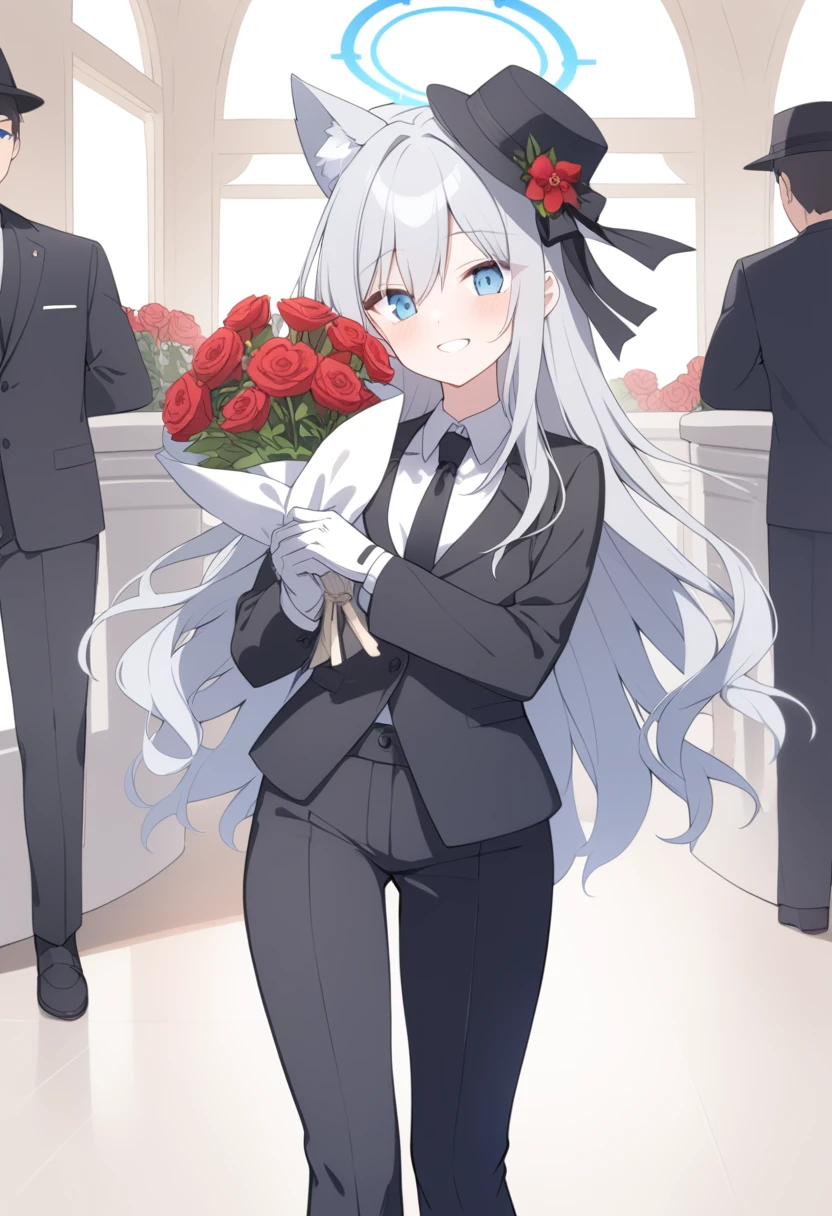 girl，Silver long hair, blue eyes, Wear a black suit,black hat，With a black bow, White gloves, and black trousers, In the wedding hall，blue halo，Gray wolf ears，Happy expression，Holding a bunch of red flowers，Black leather shoes，alone