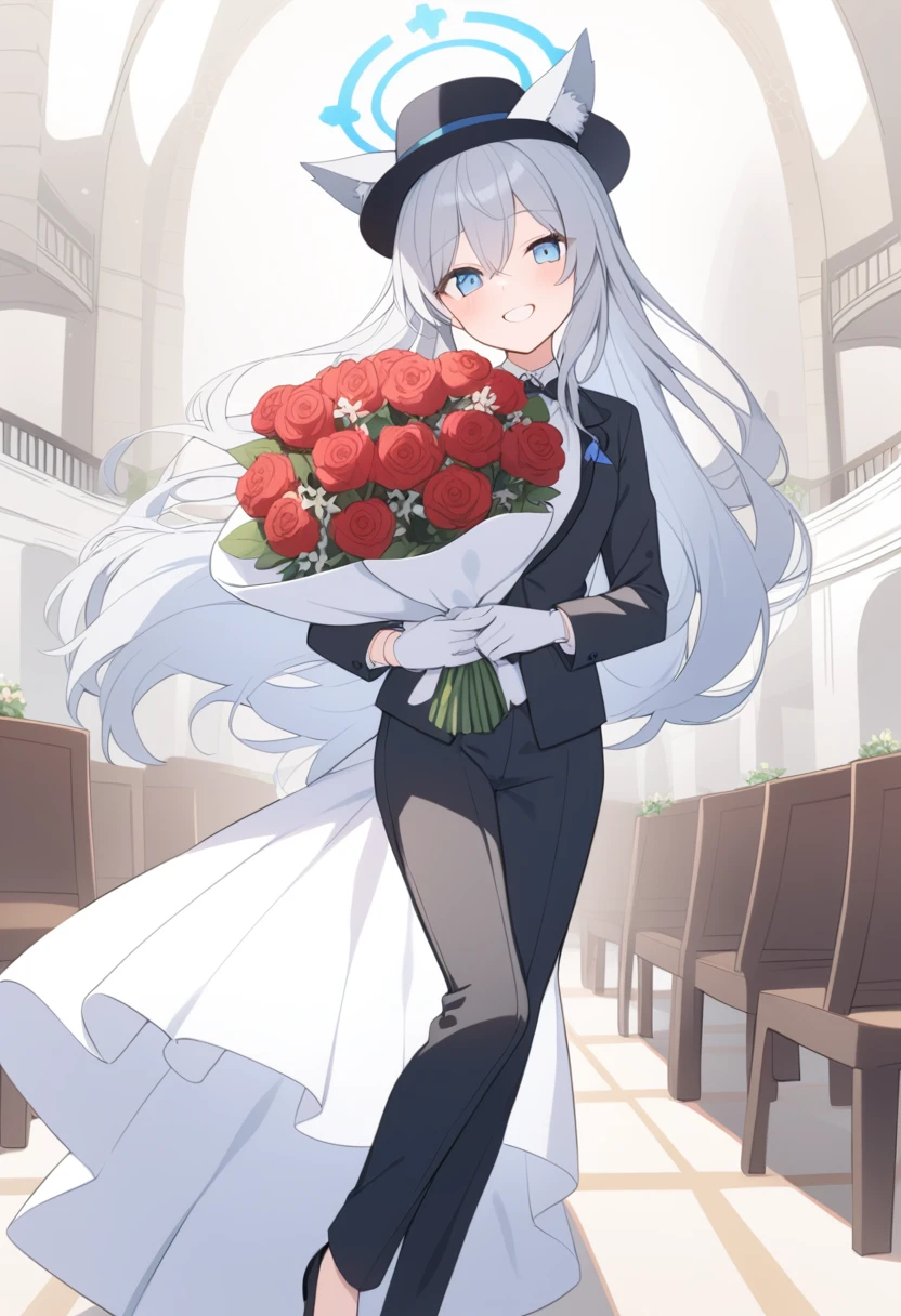 girl，Silver long hair, blue eyes, Wear a black suit,black hat，With a black bow, White gloves, and black trousers, In the wedding hall，blue halo，Gray wolf ears，Happy expression，Holding a bunch of red flowers，Black leather shoes，alone