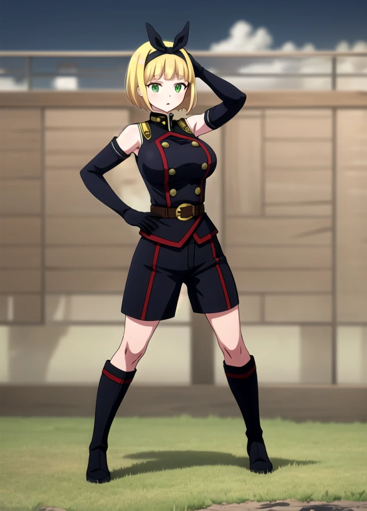 masterpiece, best quality, outdoors, Hands down, black sky background, uniform,  gloves, elbow gloves, belt, black gloves, shorts,  black shorts, Shushu Suruga, 1girl,  yellow hair, green eyes, looking at viewer, short hair, large breasts, hairband, bangs, hands down, idle, full body