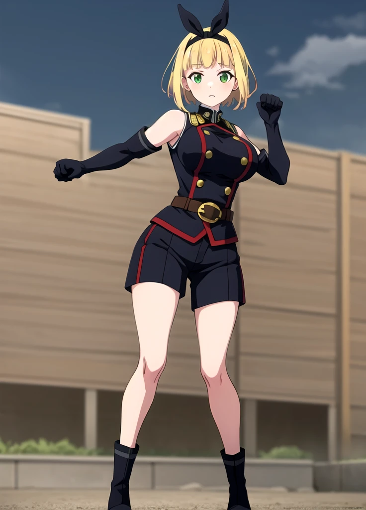 masterpiece, best quality, outdoors, Hands down, black sky background, uniform,  gloves, elbow gloves, belt, black gloves, shorts,  black shorts, Shushu Suruga, 1girl,  yellow hair, green eyes, looking at viewer, short hair, large breasts, hairband, bangs, hands down, idle, full body