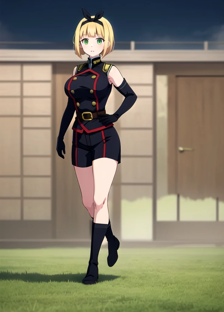 masterpiece, best quality, outdoors, Hands down, black sky background, uniform,  gloves, elbow gloves, belt, black gloves, shorts,  black shorts, Shushu Suruga, 1girl,  yellow hair, green eyes, looking at viewer, short hair, large breasts, hairband, bangs, hands down, idle, full body