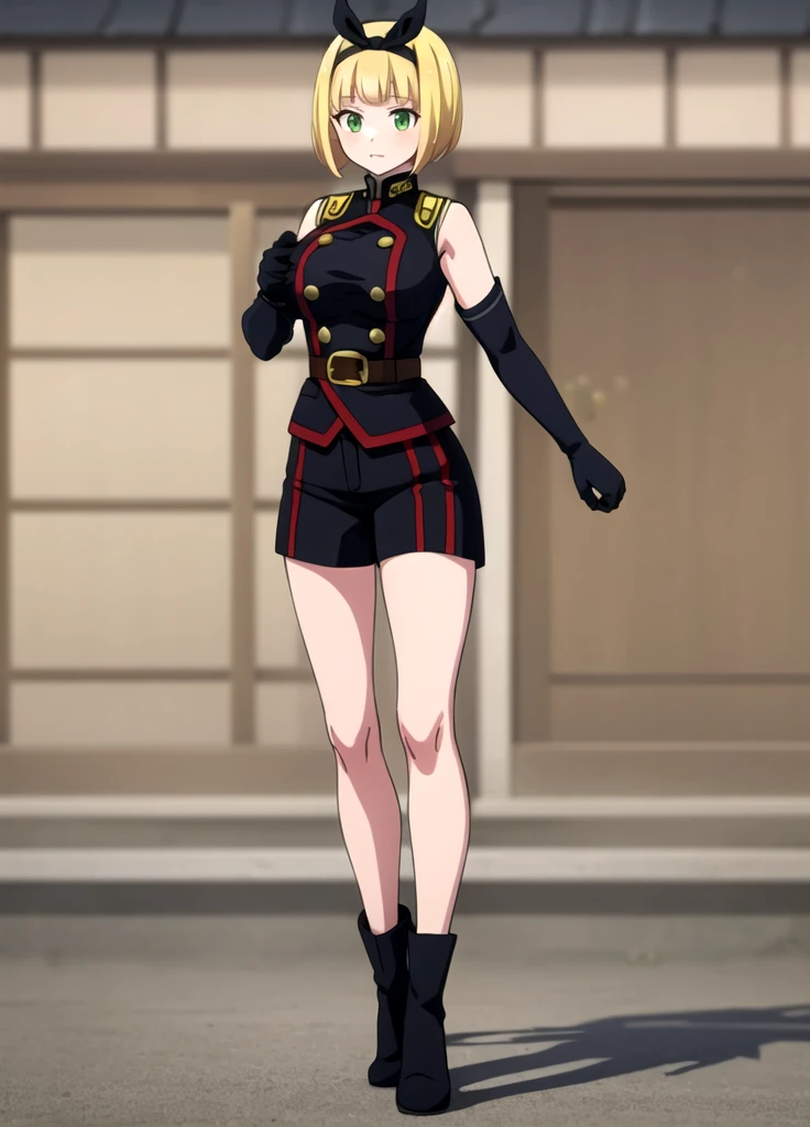 masterpiece, best quality, outdoors, Hands down, black sky background, uniform,  gloves, elbow gloves, belt, black gloves, shorts,  black shorts, Shushu Suruga, 1girl,  yellow hair, green eyes, looking at viewer, short hair, large breasts, hairband, bangs, hands down, idle, full body