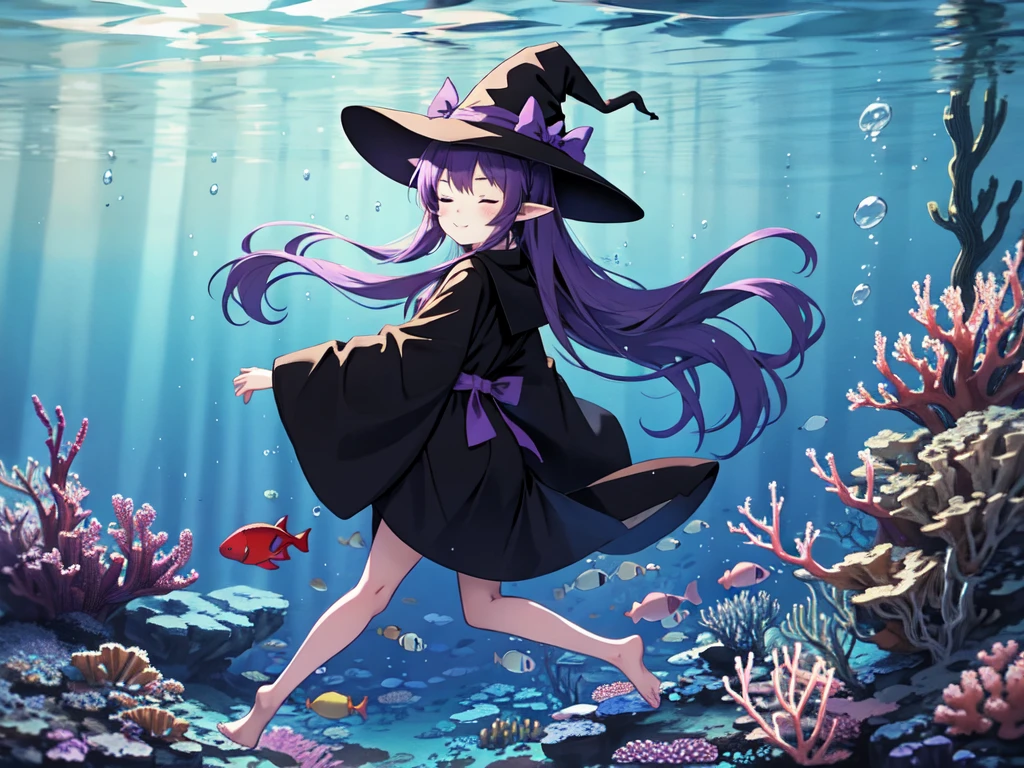 Anime girl. Long purple hair and wearing a black robe. Pointy ears. Witch hat. Cute cartoon. Illustration, alone. Looking back. Full body. High school student. Floating in water. Deep underwater. Underwater. Eyes closed.