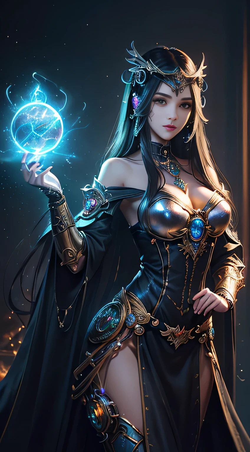 (((Masterpiece, top quality, super detailed))), (((One endless mage girl, , radiating magic))), (((complex mechanical headgear, complex mechanical steampunk fashion and overdecorated gothic fashion and neon glitter cyberpunk fashion fusion of))), bust-up photos, ((((very detailed face))), (((very sharp focused eyes))), very large slit dark gray eyes that shine like jewels. Very long eyelashes, long dark hair in vertical curls, thick bangs, perfect princess cut, very gorgeous tiara, (((perfectly accurate human anatomy))), long neck, narrow shoulders, long slender arms, small breasts, very narrow waist, very small buttocks, long slender legs, (((overall accuracy has been dramatically improved, creating super detailed, realistic and realistic images)))), (((magic, magic spell light, magic weapon))), dynamic poses, cinematic lighting,