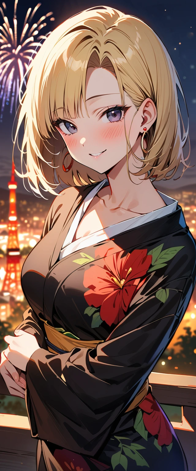 (masterpiece, best quality:1.2),1girl, (solo), Android 18 from Dragon Ball, ((floral print black Kimono)), medium breasts, blunt bangs, blonde short hair, (black eyes), earrings on earlobes, slim, slender feminine figure, skinny body, blush, magnificent view, blur background, 8K, Tokyo Tower, firework, collarbone, (Kimetsu no Yaiba), Demon, looking at fireworks, riverside, hands open, smile,