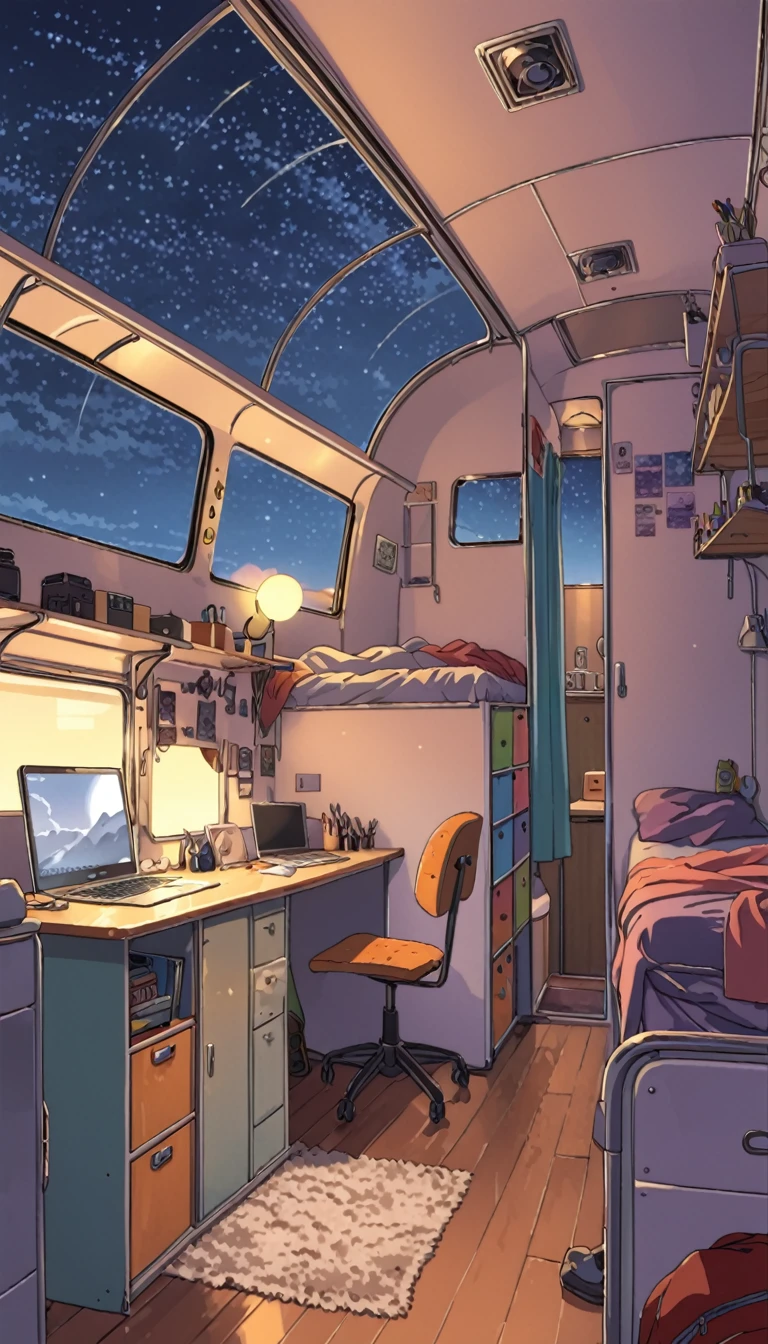 ((anime:1.4,illustration)),(masterpiece, top quality, best quality),(ultra-detailed, absolutely resolution),((16k, high res)). BREAK {lofi art, style of Laurie Greasley, style of Makoto Shinkai, anime aesthetic} BREAK {illustration of a man and a woman living inside a converted bus. The interior should be cozy and detailed, featuring bunk beds. The woman is on the upper bunk with a small window showing a night sky view, while the man is on the lower bunk with a desk, computer, and personal items. Include shelves, storage spaces, and scattered personal belongings throughout the bus, giving it a lived-in feel. The atmosphere should be warm and intimate, highlighting the unique and compact living environment inside the bus.}