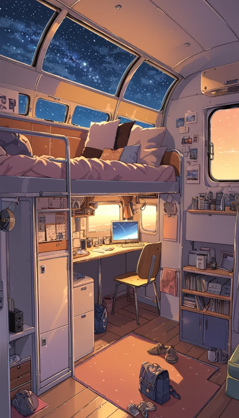 ((anime:1.4,illustration)),(masterpiece, top quality, best quality),(ultra-detailed, absolutely resolution),((16k, high res)). BREAK {lofi art, style of Laurie Greasley, style of Makoto Shinkai, anime aesthetic} BREAK {illustration of a man and a woman living inside a converted bus. The interior should be cozy and detailed, featuring bunk beds. The woman is on the upper bunk with a small window showing a night sky view, while the man is on the lower bunk with a desk, computer, and personal items. Include shelves, storage spaces, and scattered personal belongings throughout the bus, giving it a lived-in feel. The atmosphere should be warm and intimate, highlighting the unique and compact living environment inside the bus.}