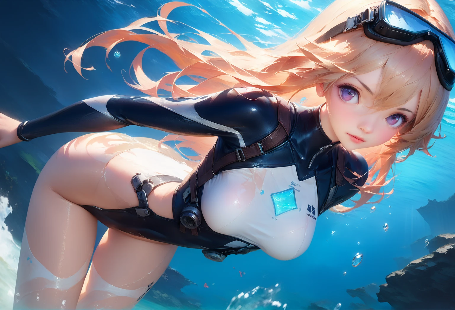Anime girl swimming in the sea wearing a wetsuit and goggles, best anime 4k konachan wallpapers, wallpaper anime blue water, Azure Lane style, From《Azur route》video game, Popular topics on artstation pixiv, Azur route中的角色, guweiz on artstation pixiv, Detailed digital animation art, guweiz on pixiv artstation