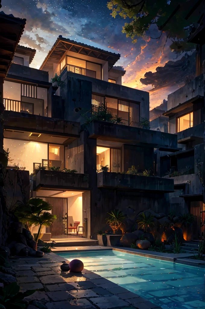 Multiple houses, brutalism style, Luis Barragán, Mountains in background, river, pool, terraces, stairs, garden terraces, trees, beautiful clouds, moon, sun, detailed, cacti, boulders, volcanic rocks, fuggy, Violet, orange, olive green, blue, magenta, amazing volcano in horizont, beautiful garden design