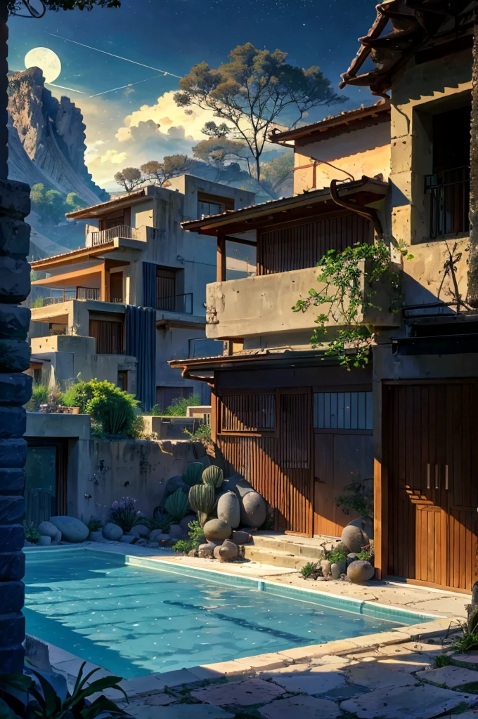 Multiple houses, brutalism style, Luis Barragán, Mountains in background, river, pool, terraces, stairs, garden terraces, trees, beautiful clouds, moon, sun, detailed, cacti, boulders, volcanic rocks, fuggy, Violet, orange, olive green, blue, magenta, amazing volcano in horizont, beautiful garden design